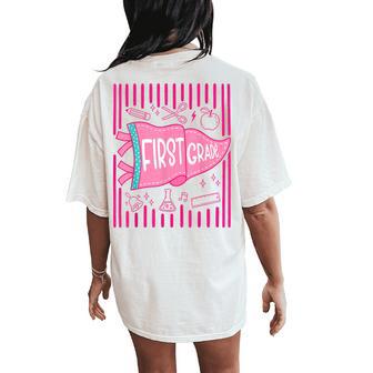 Pennants Striped 1St Grade Girls Back To School First Grade Women's Oversized Comfort T-Shirt Back Print - Thegiftio UK