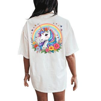 Unicorn With Rainbow Mane And Flowers Beautiful Unicorn Women's Oversized Comfort T-Shirt Back Print | Seseable UK