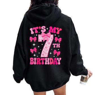 7Th Birthday Pink Bow Girls Seven Years Old It's My 7 Floral Women Oversized Hoodie Back Print - Thegiftio UK
