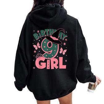 9歳の誕生日 魔女 ピンクとグリーン 9歳の誕生日 女の子 レディース オーバーサイズ パーカー バックプリント - Kawaiitshirt