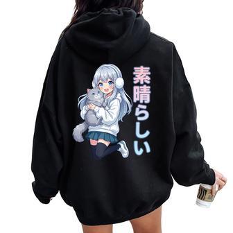 Adorable Manga Fille Avec Chat Kawaii Manga Otaku Japon Amoureux Sweat à capuche oversize pour femme avec imprimé dans le dos - Cadeauxyz