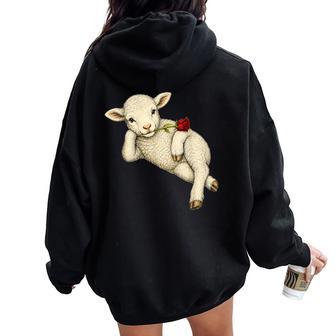 Agneau Mignon Romantique Fermier Ferme Brebis Fleur Rouge Sweat à capuche oversize pour femme avec imprimé dans le dos - Cadeauxyz