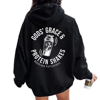 On Back Gods Grace Protein Shakes Christian Gym Women Oversized Hoodie Back Print | Seseable UK