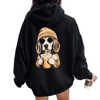 Beagle Hipster Drinking Iced Coffee Sunglasses Beanie Women Oversized Hoodie Back Print - Thegiftio UK