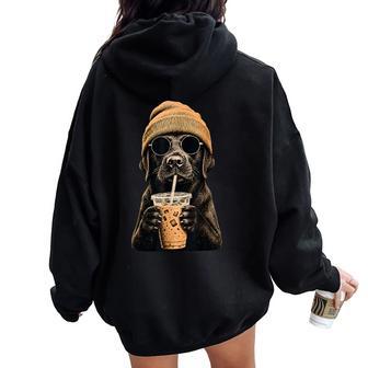 Black Labrador Hipster Dog Drinking Iced Coffee Sunglasses Women Oversized Hoodie Back Print | Seseable UK