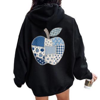Blue Patchwork Preppy Apples Back To School Teacher Student Women Oversized Hoodie Back Print - Thegiftio UK
