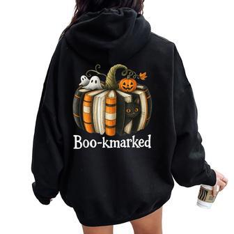 Boo-Kmarked Fall Pumpkin Books Halloween Teacher Teaching Women Oversized Hoodie Back Print - Thegiftio UK