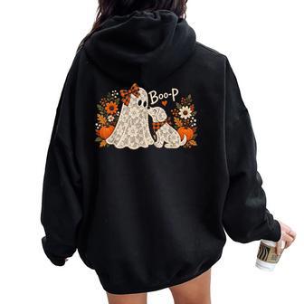 Boo-P Floral Ghost And Dog Halloween Boop Humor Women Oversized Hoodie Back Print | Seseable UK