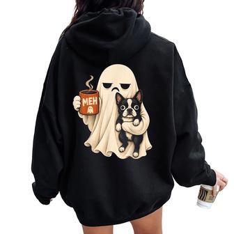 Boston Terrier Dog Ghost Holding Coffee Halloween Costume Women Oversized Hoodie Back Print - Thegiftio UK