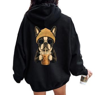 Boston Terrier Hipster Dog Drinking Iced Coffee Sunglasses Women Oversized Hoodie Back Print - Thegiftio UK