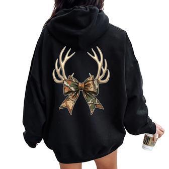Camo Coquette Bow Deer Antlers Hunting Girl Camouflage Women Oversized Hoodie Back Print - Thegiftio UK