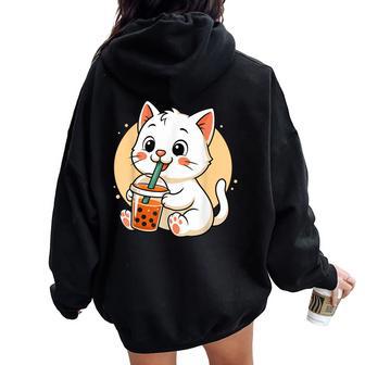 Chat Mignon Kawaii Anime Boire Bubble Tea Fille Enfants Sweat à capuche oversize pour femme avec imprimé dans le dos - Cadeauxyz
