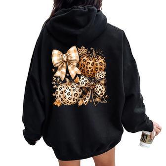Coquette Bow Leopard Pumpkin Thanksgiving Autumn Fall Leaves Women Oversized Hoodie Back Print - Thegiftio UK