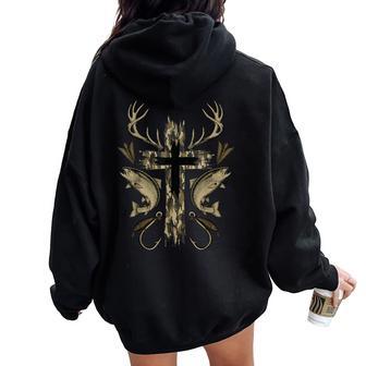 Cross Camo Fishing Hunting Christian Faith Hunter Fisherman Women Oversized Hoodie Back Print | Seseable UK