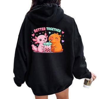 Cute Capybara And Axolotl Bubble Tea Boba Girls Kawaii Anime Women Oversized Hoodie Back Print - Thegiftio UK