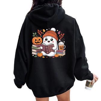 Cute Ghost Reading Book Lover Halloween Ghost Coffee Pumpkin Women Oversized Hoodie Back Print - Thegiftio UK