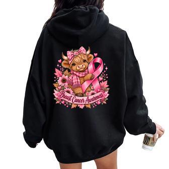 Cute Highland Cow Breast Cancer Awareness Pink Ribbon Fall Women Oversized Hoodie Back Print - Thegiftio UK