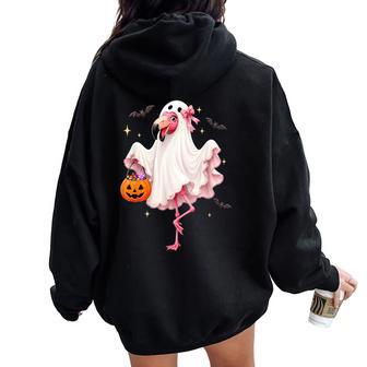 Cute Trick Or Treat Ghost Halloween Flamingo Women Oversized Hoodie Back Print - Thegiftio UK
