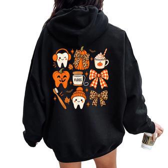 Fall Dentist Halloween Tooth Pumpkin Bow Dental Hygienist Women Oversized Hoodie Back Print - Thegiftio UK