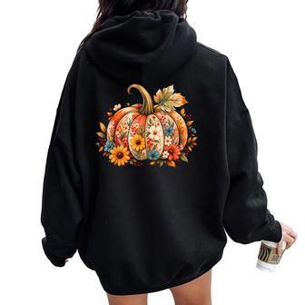 Fall Pumpkin Floral Botanical Autumn Thanksgiving Women Women Oversized Hoodie Back Print - Thegiftio UK