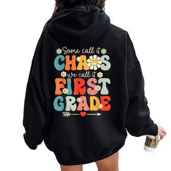 First Grade Chaos Groovy 1St Grade Teacher Women Oversized Hoodie Back Print - Thegiftio UK
