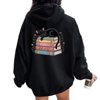 Floral Black Cat Sleeping On Books Women Oversized Hoodie Back Print - Thegiftio UK