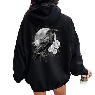 Floral Black Raven Full Moon Gothic Crow Bird Roses Mystical Women Oversized Hoodie Back Print - Thegiftio UK