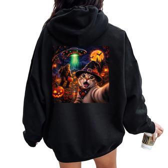 Halloween Cat Selfie With Bigfoot Ufo Kids Women Oversized Hoodie Back Print - Thegiftio UK