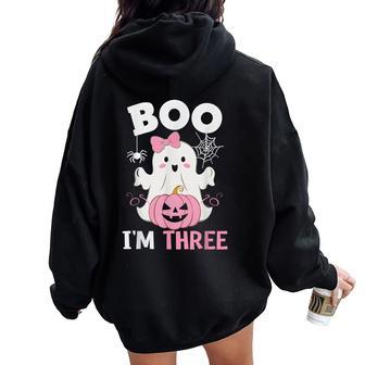 Ghost Boo I'm Three Year 3Rd Birthday Girls Halloween Groovy Women Oversized Hoodie Back Print - Thegiftio UK