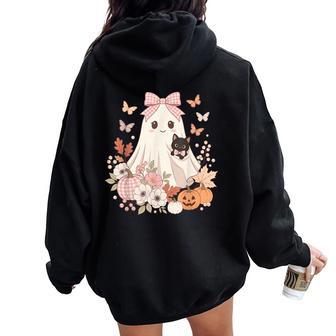 Ghost Cat Halloween Girls Kids Toddler Youth Floral Ghost Women Oversized Hoodie Back Print | Seseable UK