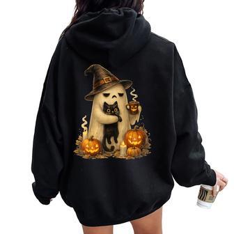 Ghost Holding Black Cat Witch Halloween Coffee Cat Lover Women Oversized Hoodie Back Print - Thegiftio UK