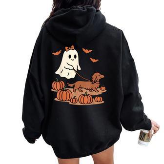 Ghost Walking Long Haired Dachshund Dog Halloween Doxie Mama Women Oversized Hoodie Back Print - Thegiftio UK