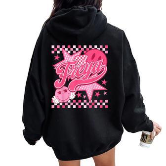 Girl Retro Freya Groovy Flower First Name Personalized 80S Women Oversized Hoodie Back Print - Thegiftio UK