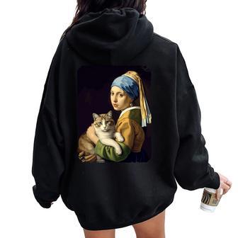 Girl With A Pearl Earring And A Cat 名画パロディ アート猫 長袖tシャツ レディース オーバーサイズ パーカー バックプリント - Kawaiitshirt