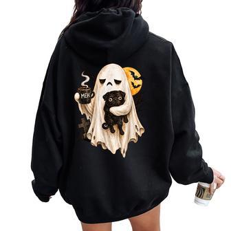 Grumpy Ghost Holding Black Pug Dog Coffee Cup Halloween Women Oversized Hoodie Back Print - Thegiftio UK