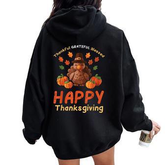 Happy Thanksgiving Thankful Grateful Turkey Kids Women Oversized Hoodie Back Print - Thegiftio UK