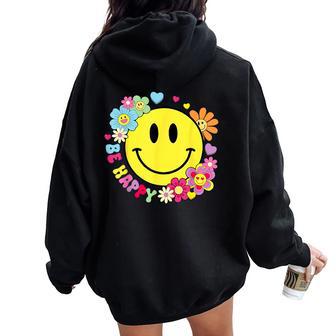 Be Happy Yellow Smile Face Hippie Smiling Face Groovy Retro Women Oversized Hoodie Back Print - Thegiftio UK