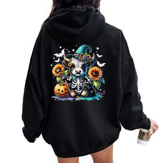 Highland Cow Witch Skeleton Halloween Sunflower Pumpkin Fall Women Oversized Hoodie Back Print - Thegiftio UK