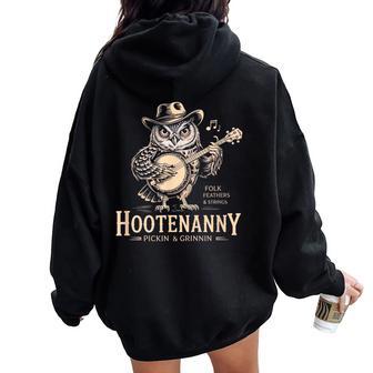 Hootenanny Owl Playing Banjo Country Guitar Music Women Oversized Hoodie Back Print - Thegiftio UK