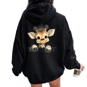 Illustration D'animal Mignon Bébé Girafe Regardant Sweat à capuche oversize pour femme avec imprimé dans le dos - Cadeauxyz