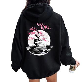 Japonais Cherry Blossom Sakura Moon Fuji Manche Longue Sweat à capuche oversize pour femme avec imprimé dans le dos - Cadeauxyz