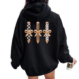 Leopard Pencil Bow Teacher Appreciation First Day Of School Women Oversized Hoodie Back Print - Thegiftio UK