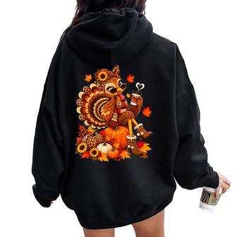 Leopard Turkey Drinking Coffee Lover Thanksgiving Women Oversized Hoodie Back Print - Thegiftio UK