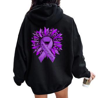 Leopardo Girasol Cinta Púrpura Conciencia Fibromialgia Cuello Women Oversized Hoodie Back Print - Regaloses