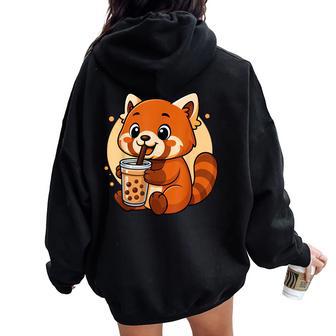 Lindo Panda Rojo Kawaii Anime Bebiendo Té Burbuja Niña Niños Women Oversized Hoodie Back Print - Regaloses
