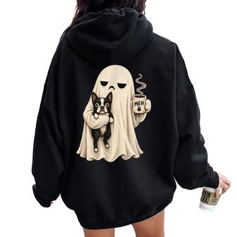 Meh Ghost Boston Terrier Coffee Halloween Dog Lover Women Oversized Hoodie Back Print - Thegiftio UK