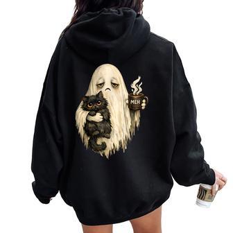 Meh Ghost Holding Black Cat Coffee Vintage Halloween Spooky Women Oversized Hoodie Back Print - Thegiftio UK
