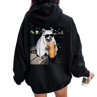 Meme Raccoon Ghost Sunglasses Drinking Iced Coffee Halloween Women Oversized Hoodie Back Print - Thegiftio UK