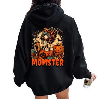 Momster Skeleton Halloween Coffee Mom Messy Bun Women Oversized Hoodie Back Print - Thegiftio UK