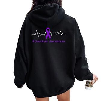 Overdose Awareness Heartbeat Ribbon Purple Support Women Women Oversized Hoodie Back Print - Thegiftio UK
